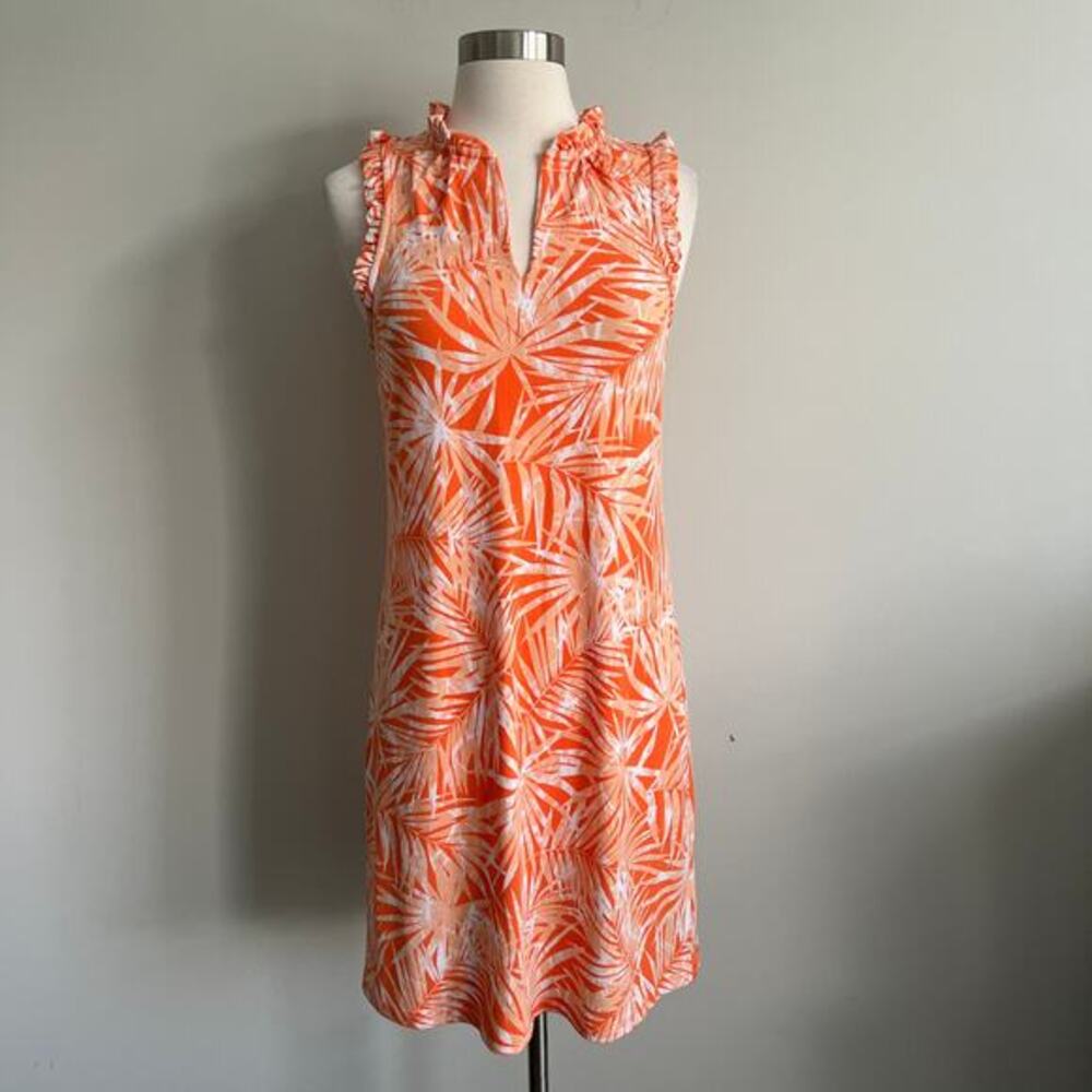 Michael Kors Ruffle Neck Tank Dress Resort Wear Palm Leaf Tropical Orange XS NWT